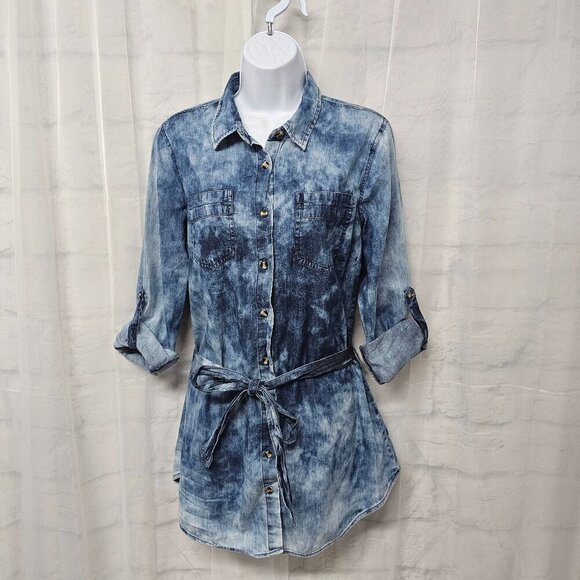 Dizzy Lizzy Blue Chambray Tie Dye Button Down Tunic Blouse Belted Grunge M - Picture 12 of 12